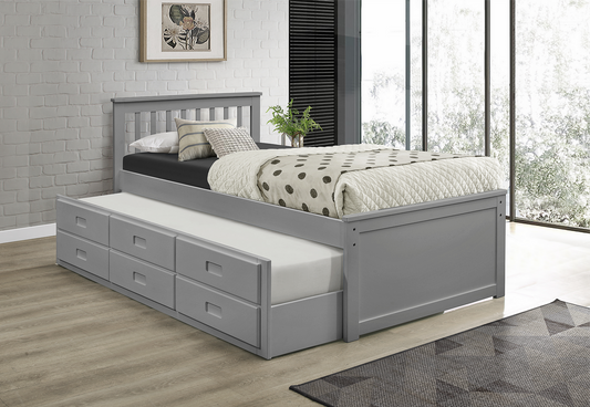 TWIN (SINGLE) SIZE- (300 GREY)- WOOD- BED FRAME- WITH TRUNDLE