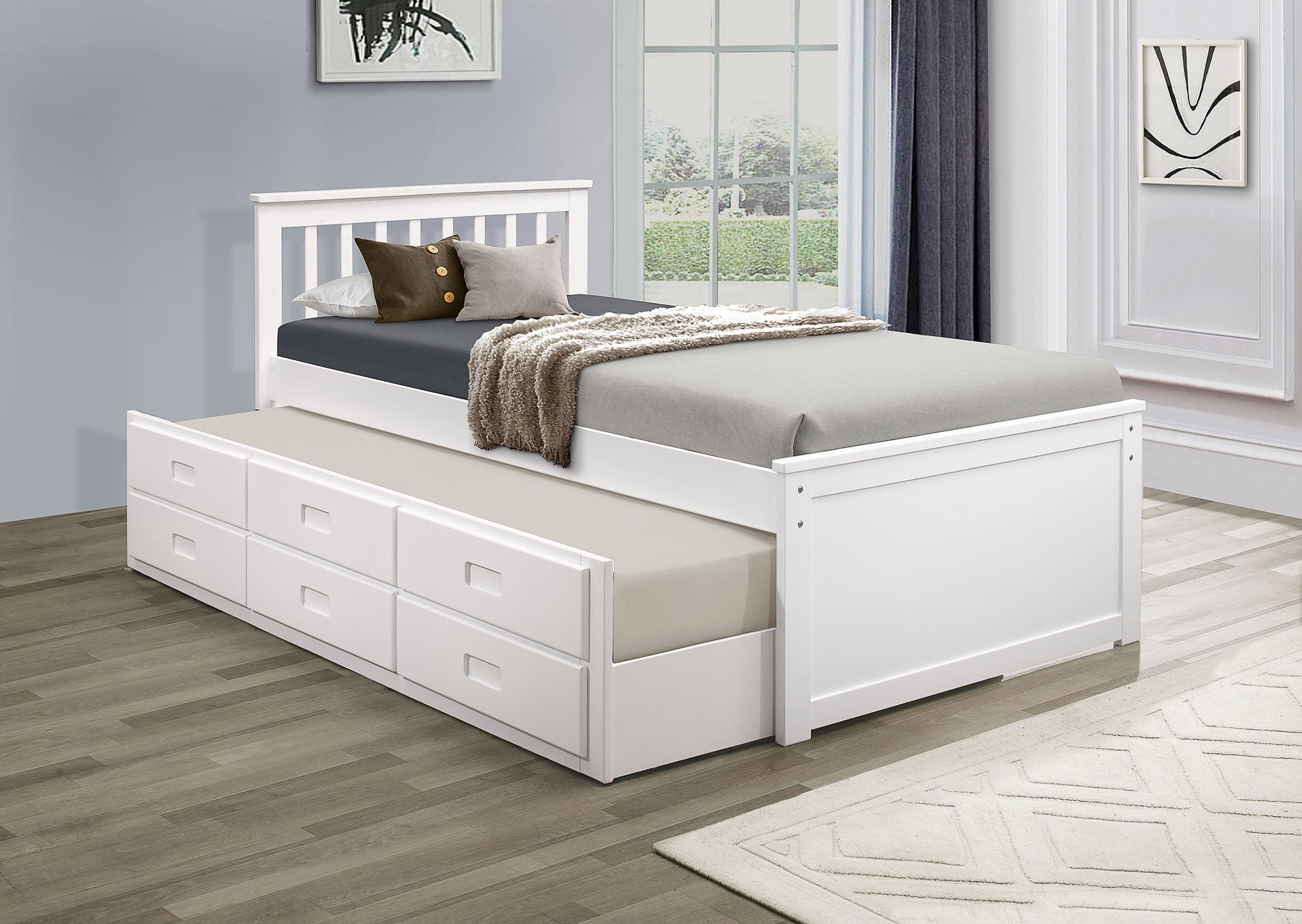 White wood twin store bed with trundle