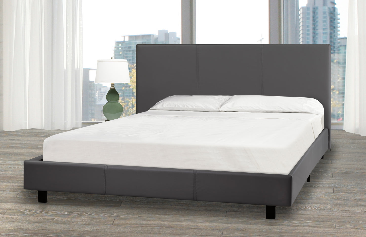 DOUBLE (FULL) SIZE- (3032 GREY)- LEATHER- BED FRAME- WITH SLATS
