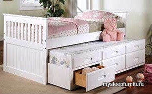 TWIN (SINGLE) SIZE- (314 WHITE)- WOOD- CAPTAIN BED- WITH TRUNDLE