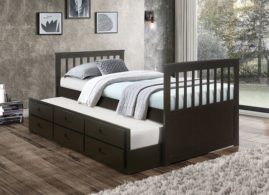 TWIN (SINGLE) SIZE- (314 ESPRESSO)- WOOD CAPTAIN BED- WITH TRUNDLE