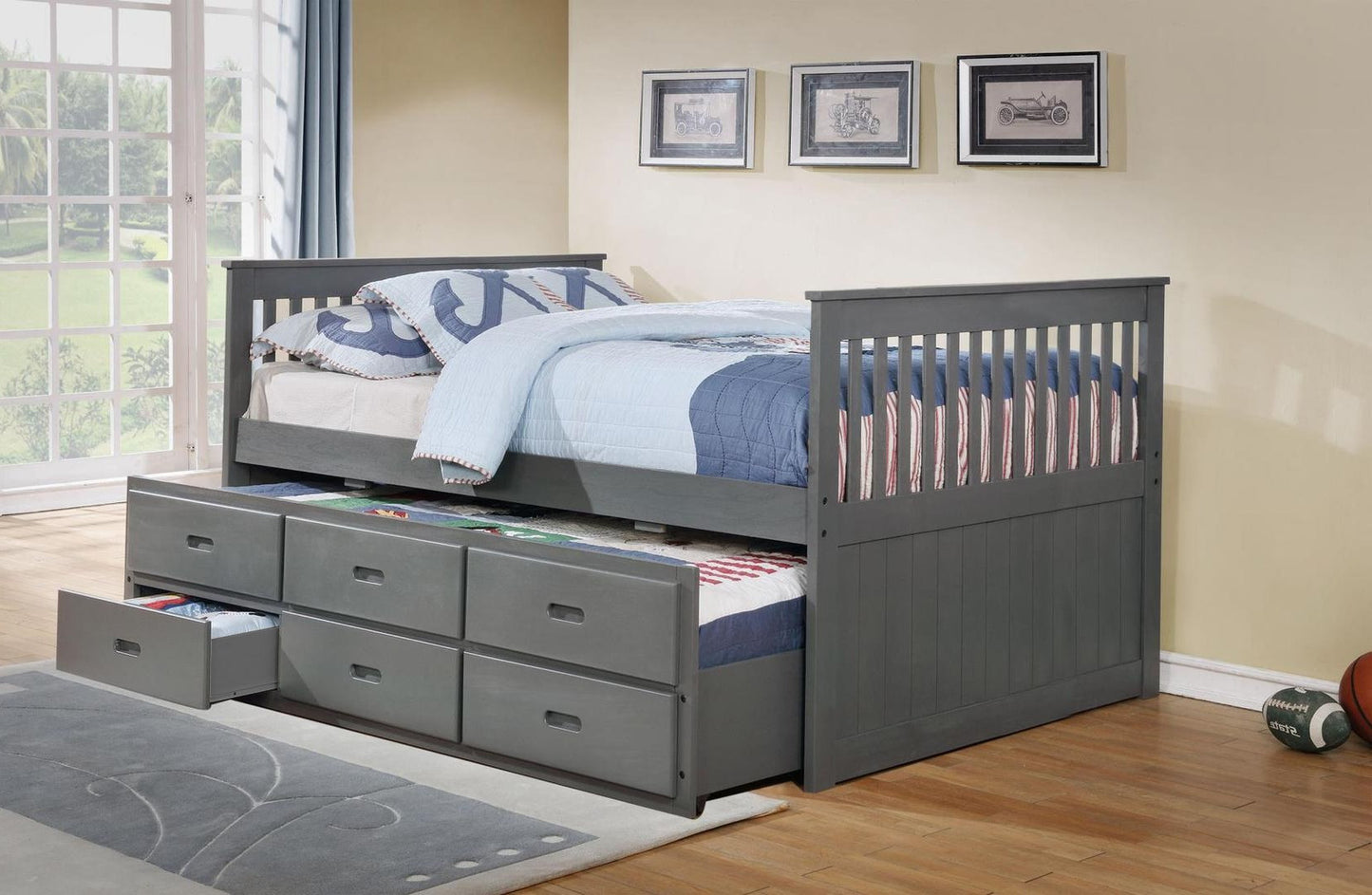 TWIN (SINGLE) SIZE- (314 GREY)- WOOD CAPTAIN BED- WITH TRUNDLE