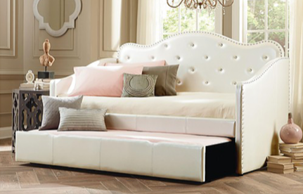 TWIN (SINGLE) SIZE- (319 WHITE)- CRYSTAL TUFTED- LEATHER DAY BED- WITH TRUNDLE
