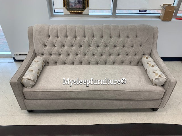 (3370B GREY- 1)- FABRIC- BUTTON TUFTED- CANADIAN MADE- SOFA- (DELIVERY AFTER 1.5 MONTHS)
