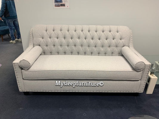 (3370C LIGHT GREY- 1)- FABRIC- CRYSTAL TUFTED- CANADIAN MADE- SOFA- WITH 2 ROUND PILLOWS (DELIVERY AFTER 1.5 MONTHS)