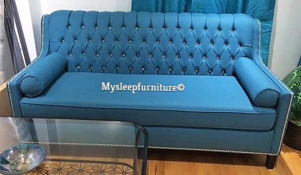 (3370C TEAL GREEN- 1)- FABRIC- CRYSTAL TUFTED- CANADIAN MADE- SOFA- (DELIVERY AFTER 1.5 MONTHS)