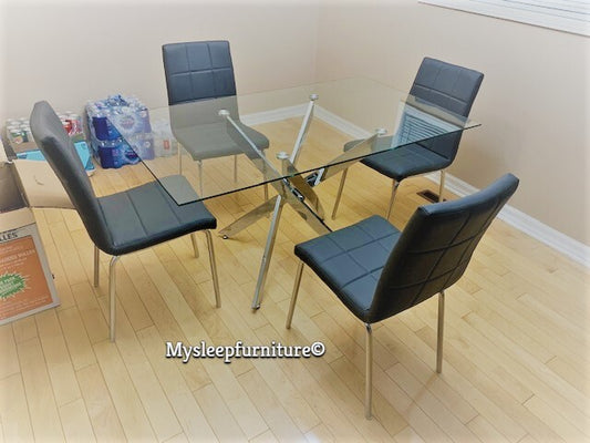 (3465- 1762 GREY- 5)- 55" LONG - GLASS DINING TABLE - WITH 4 CHAIRS