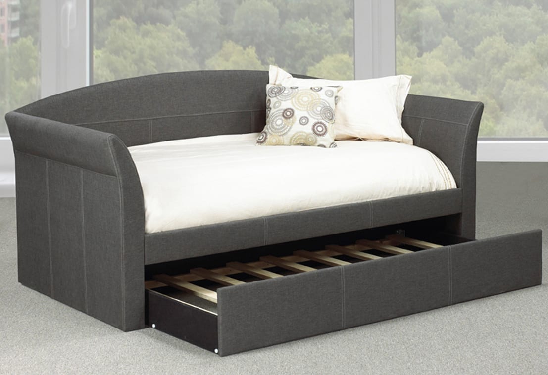 TWIN (SINGLE) SIZE- (355R- 381R CHARCOAL)- FABRIC- CANADIAN MADE- DAY BED- WITH TRUNDLE