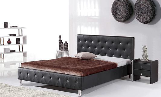 KING SIZE- (4008 BLACK)- LEATHER- CRYSTAL TUFTED- BED FRAME- WITH SLATS