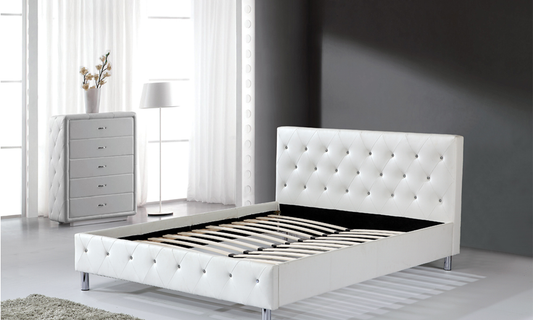 TWIN (SINGLE) SIZE- (4008 WHITE)- LEATHER- CRYSTAL TUFTED- BED FRAME- WITH SLATS
