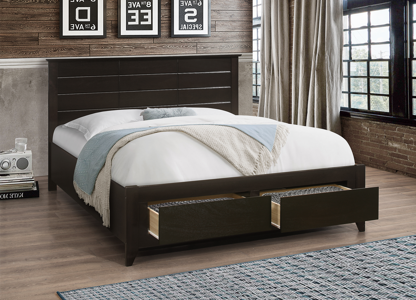 QUEEN SIZE- (421 ESPRESSO)- WOOD- BED FRAME- WITH DRAWERS