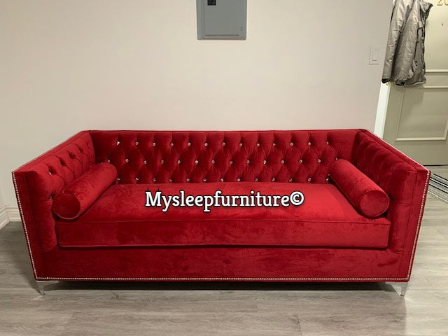 (4402C RED- 1)- VELVET FABRIC- CRYSTAL TUFTED- CANADIAN MADE- SOFA- (DELIVERY AFTER 3 WEEKS)