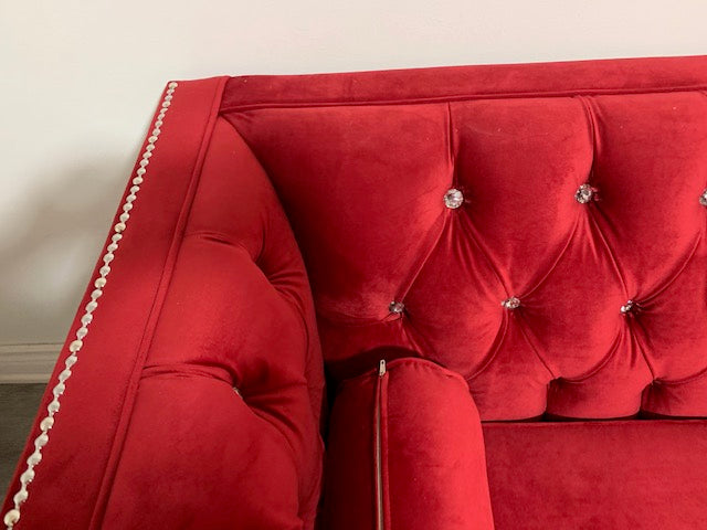 (4402C RED SLC)- VELVET FABRIC- CRYSTAL TUFTED- CANADIAN MADE- SOFA + LOVESEAT + CHAIR- (DELIVERY AFTER 3 WEEKS)