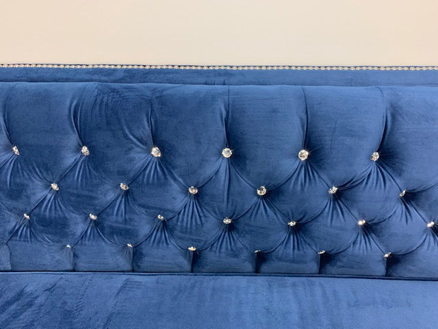 (4402C BLUE- 1)- VELVET FABRIC- CRYSTAL TUFTED- CANADIAN MADE- SOFA- DELIVERY AFTER 3 WEEKS