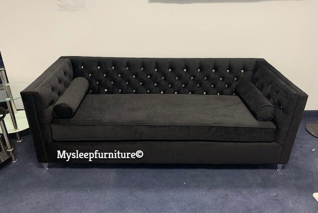 (4402C BLACK SLC)- VELVET FABRIC- CRYSTAL TUFTED- CANADIAN MADE- SOFA + LOVESEAT + CHAIR- DELIVERY AFTER 3 WEEKS