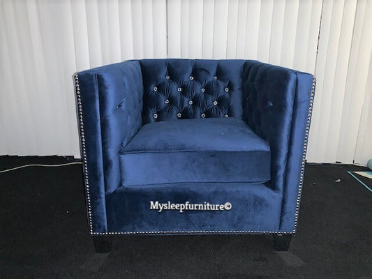 (4402C BLUE- 3)- VELVET FABRIC- CRYSTAL TUFTED- CANADIAN MADE- ACCENT CHAIR- DELIVERY AFTER 3 WEEKS