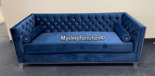 (4402C BLUE SLC)- VELVET FABRIC- CRYSTAL TUFTED- CANADIAN MADE- SOFA + LOVESEAT + CHAIR- DELIVERY AFTER 3 WEEKS
