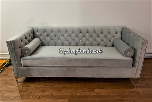 (4402C GREY- 1)- VELVET FABRIC- CRYSTAL TUFTED- CANADIAN MADE- SOFA- (DELIVERY AFTER 3 WEEKS)