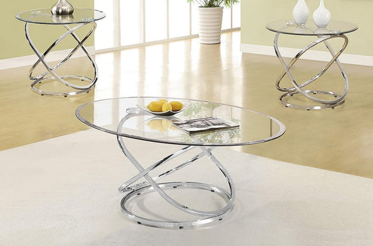 (5018 CHROME- 3)- OVAL GLASS COFFEE TABLE- WITH 2 SIDE TABLES