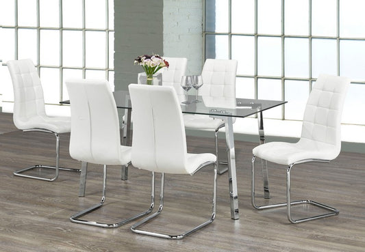 (5057- 1751 WHITE- 7)- 59" LONG - GLASS - DINING TABLE - WITH 6 CHAIRS