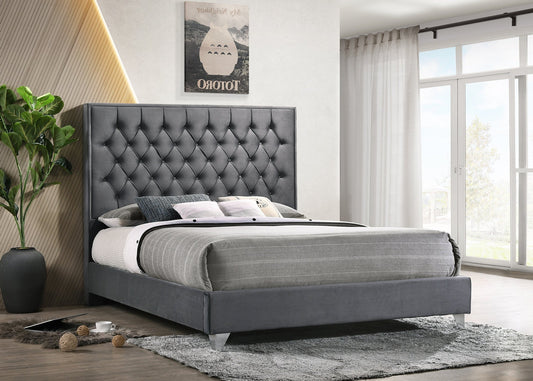 KING SIZE- (5215 GREY)- VELVET FABRIC- BUTTON TUFTED- BED FRAME- WITH SLATS