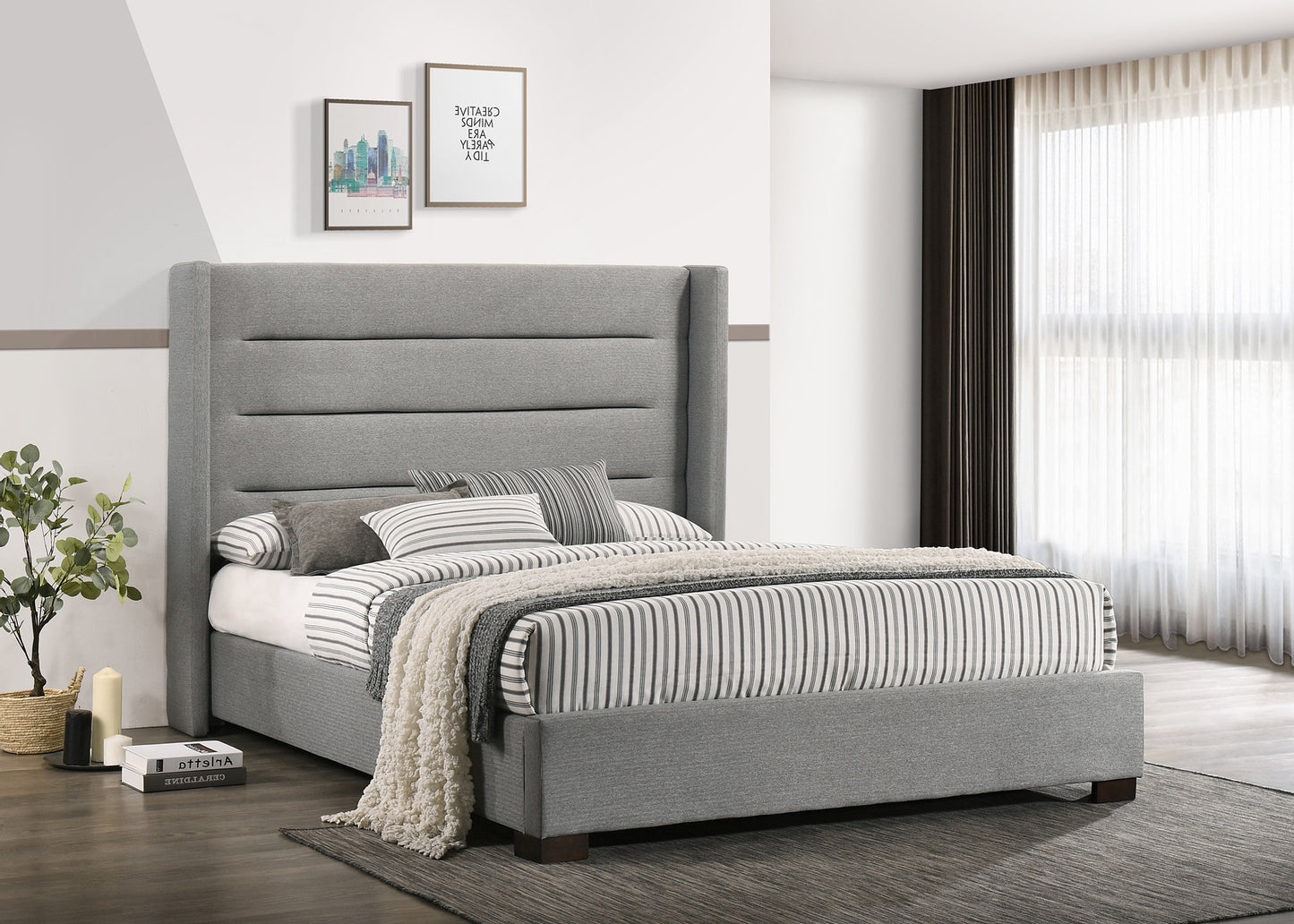 QUEEN SIZE- (5241 GREY)- FABRIC- BED FRAME- WITH SLATS  (Out of stock until Sept 10th, 2021)