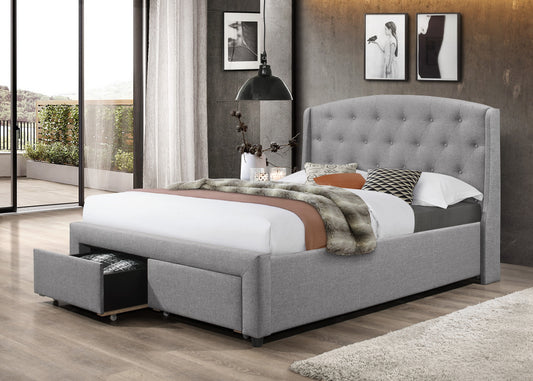 QUEEN SIZE- (5290 GREY)- FABRIC BED FRAME- WITH DRAWERS- WITH SLATS