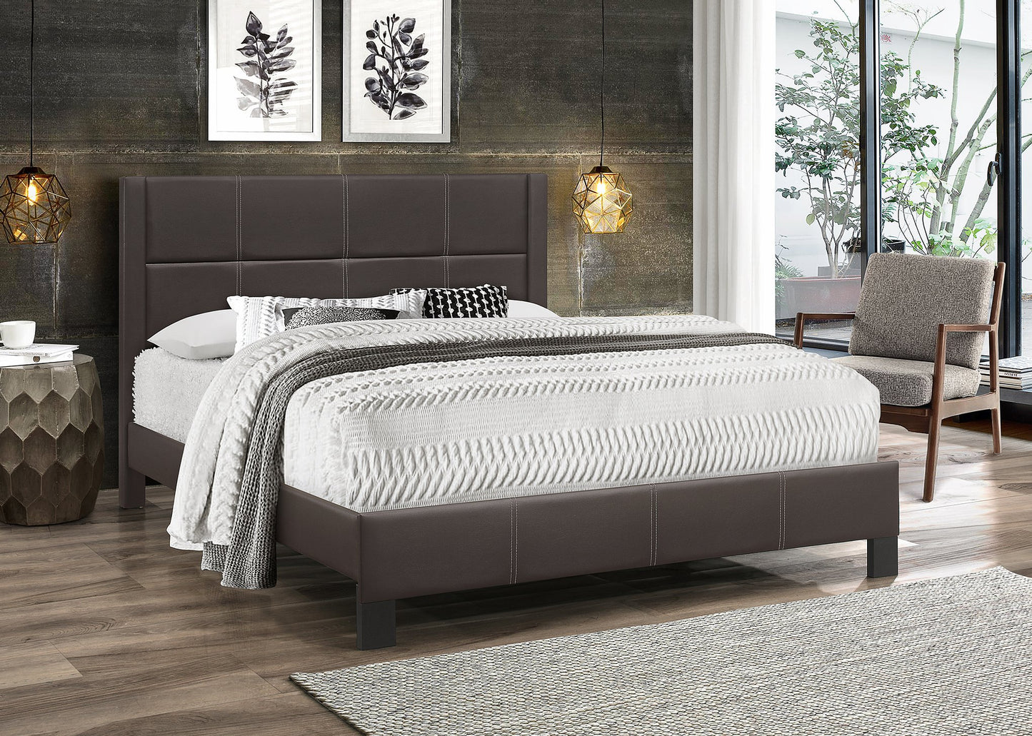 TWIN (SINGLE) SIZE- (5352 BROWN)- LEATHER BED FRAME- WITH SLATS