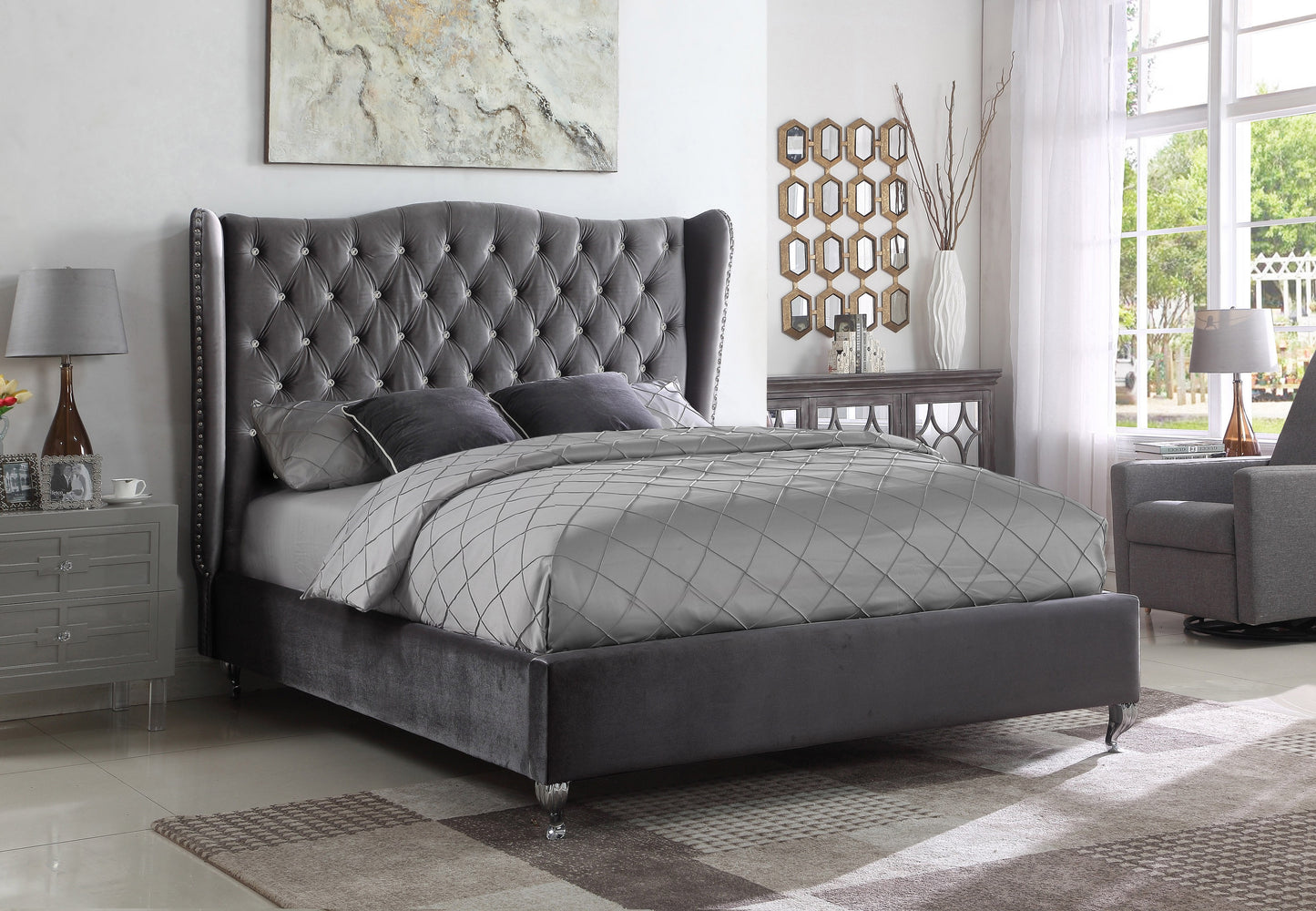 KING SIZE- (5520 GREY)- VELVET FABRIC- CRYSTAL TUFTED- BED FRAME- WITH SLATS