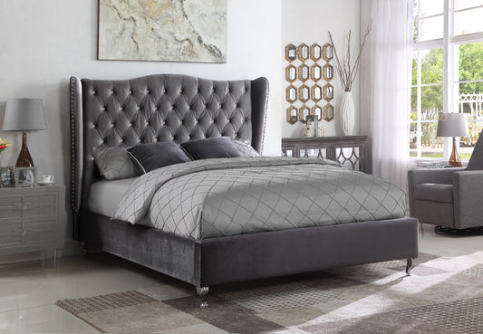 QUEEN SIZE- (5520 GREY)- VELVET FABRIC- CRYSTAL TUFTED- BED FRAME- WITH SLATS