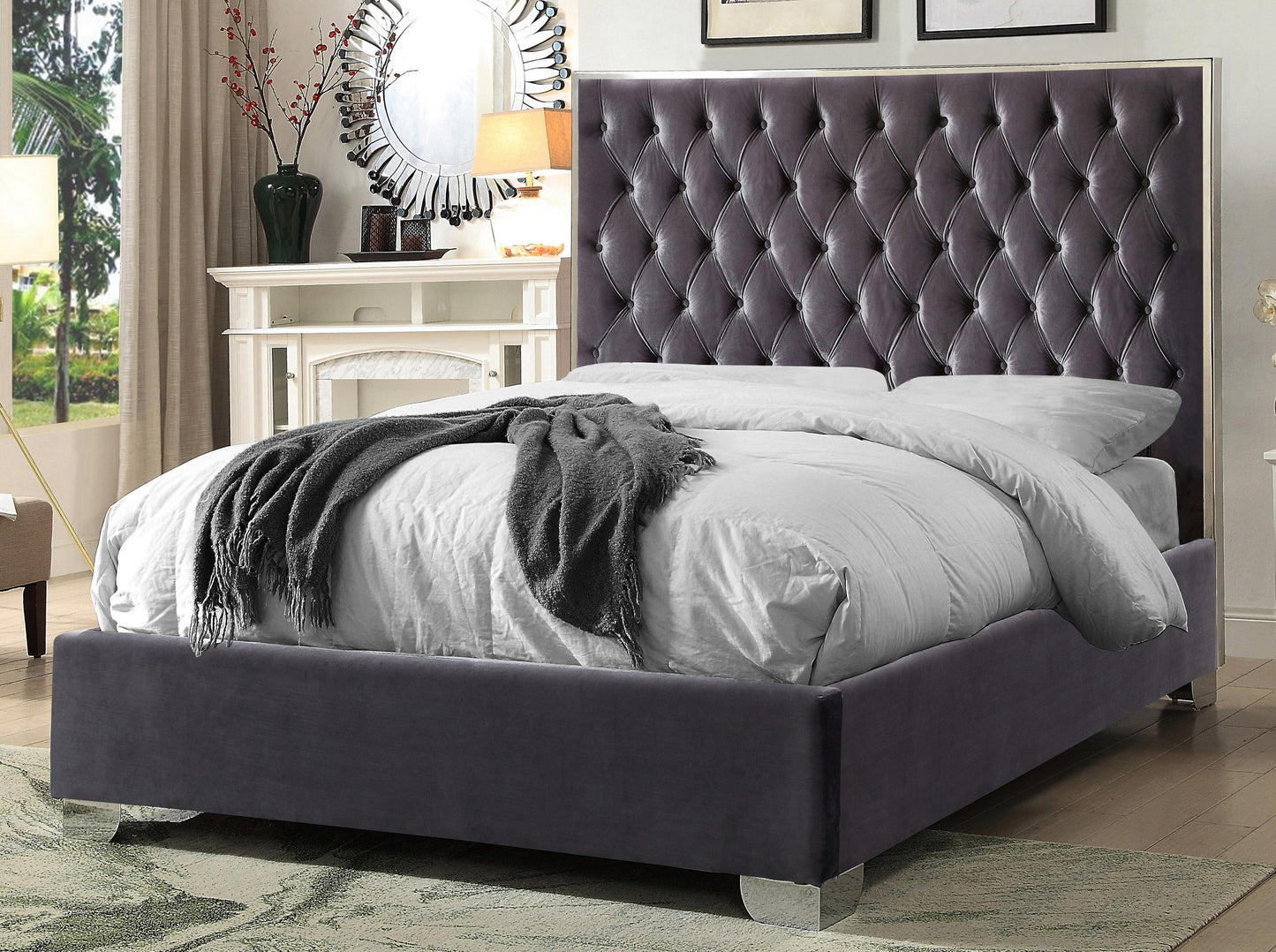 QUEEN SIZE- (5540 GREY)- VELVET FABRIC- BED FRAME- WITH SLATS