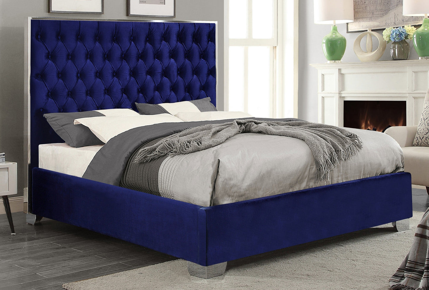KING SIZE- (5541 BLUE)- VELVET FABRIC- BUTTON TUFTED- BED FRAME- WITH SLATS