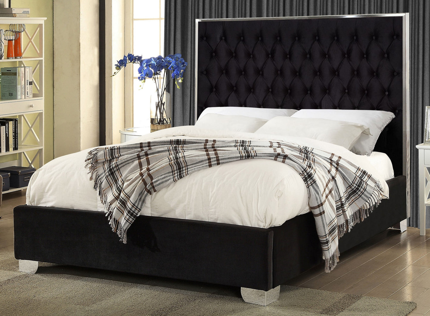 KING SIZE- (5542 BLACK)- VELVET FABRIC BED FRAME- WITH SLATS- OUT OF STOCK UNTIL JULY 15, 2023