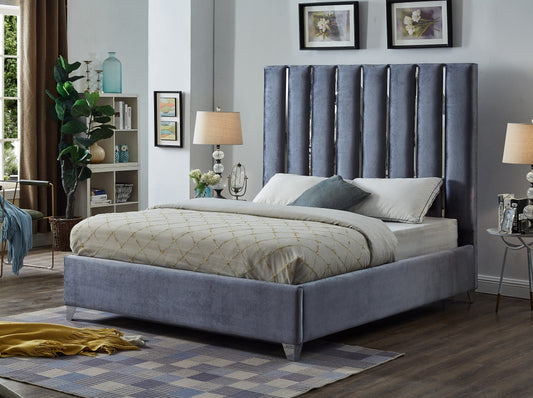 QUEEN SIZE- (5620 GREY)- 64" HIGH- VELVET BED FRAME- WITH SLATS