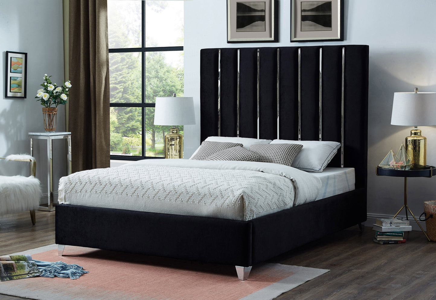 QUEEN SIZE- (5621 BLACK)- VELVET FABRIC BED FRAME- WITH SLATS- INVENTORY CLEARANCE