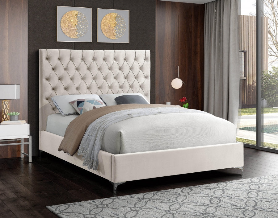 QUEEN SIZE- (5642 CREAM)- VELVET FABRIC BED FRAME- WITH SLATS