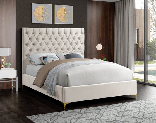 QUEEN SIZE- (5642 CREAM)- VELVET FABRIC BED FRAME- WITH SLATS