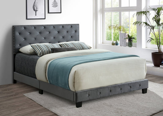 DOUBLE (FULL) SIZE- (5650 grey)- VELVET FABRIC- CRYSTAL TUFTED- BED FRAME- WITH SLATS