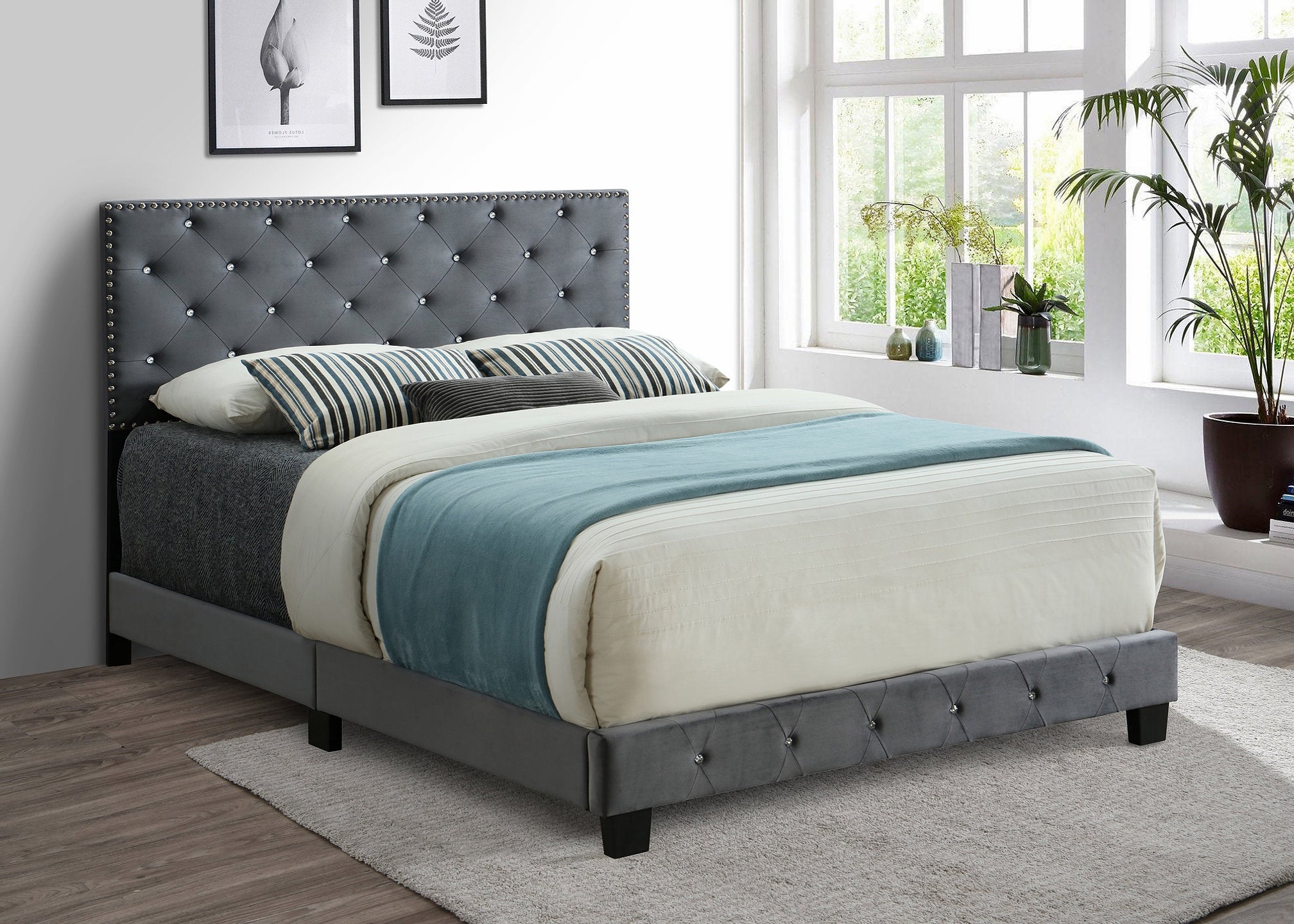 QUEEN SIZE- (5650 grey)- VELVET FABRIC- CRYSTAL TUFTED- BED FRAME- WIT ...