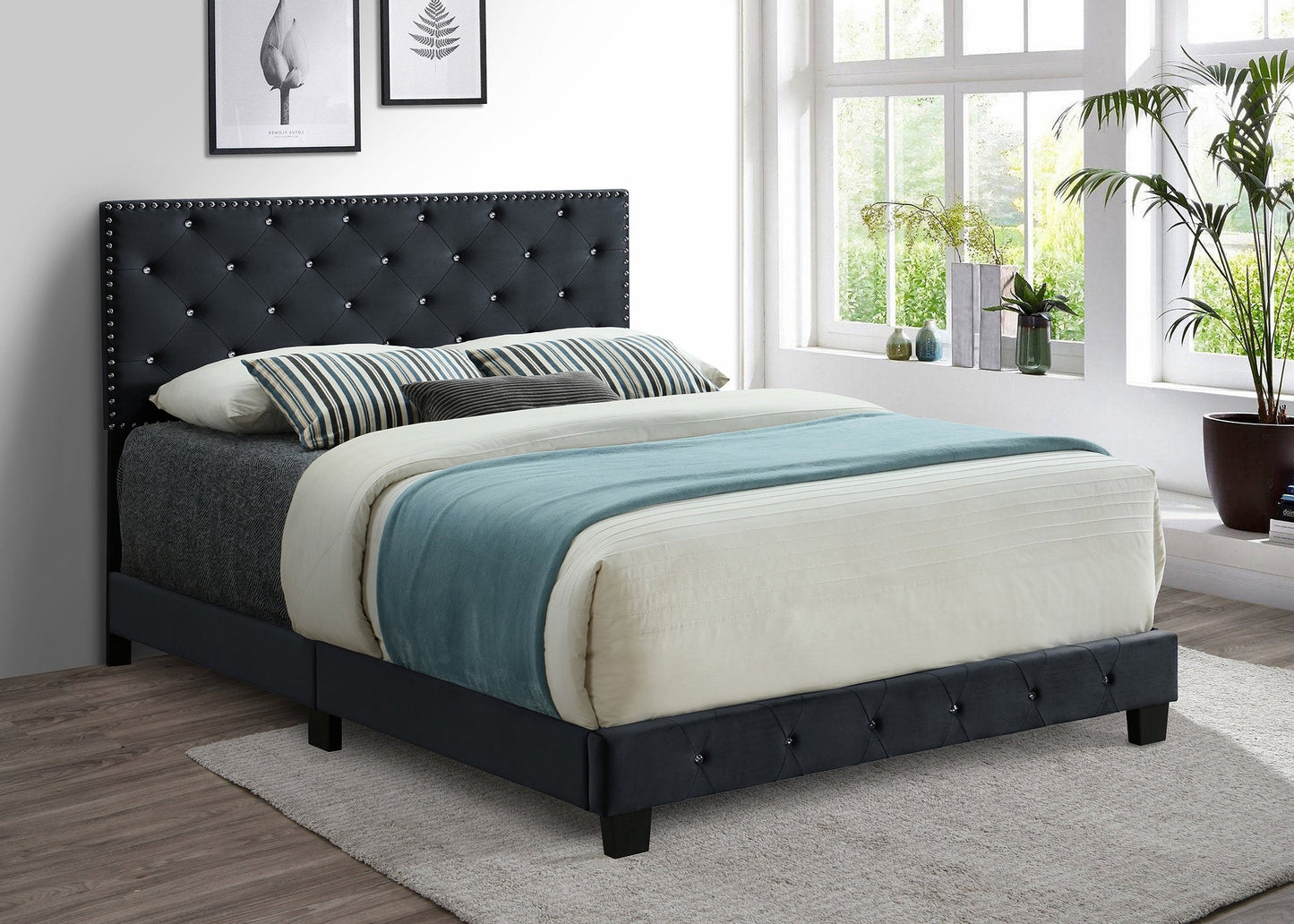 QUEEN SIZE- (5651 BLACK)- VELVET FABRIC- CRYSTAL TUFTED- BED FRAME- WITH SLATS