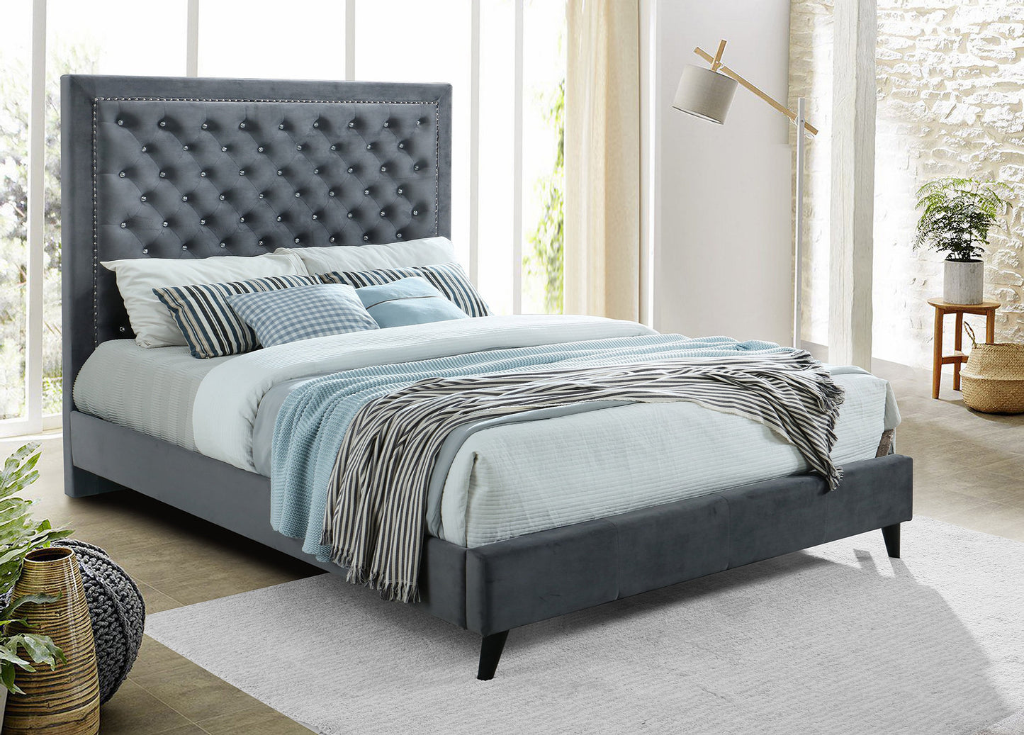 QUEEN SIZE- (5680 GREY)- FABRIC- CRYSTAL TUFTED- BED FRAME- WITH SLATS