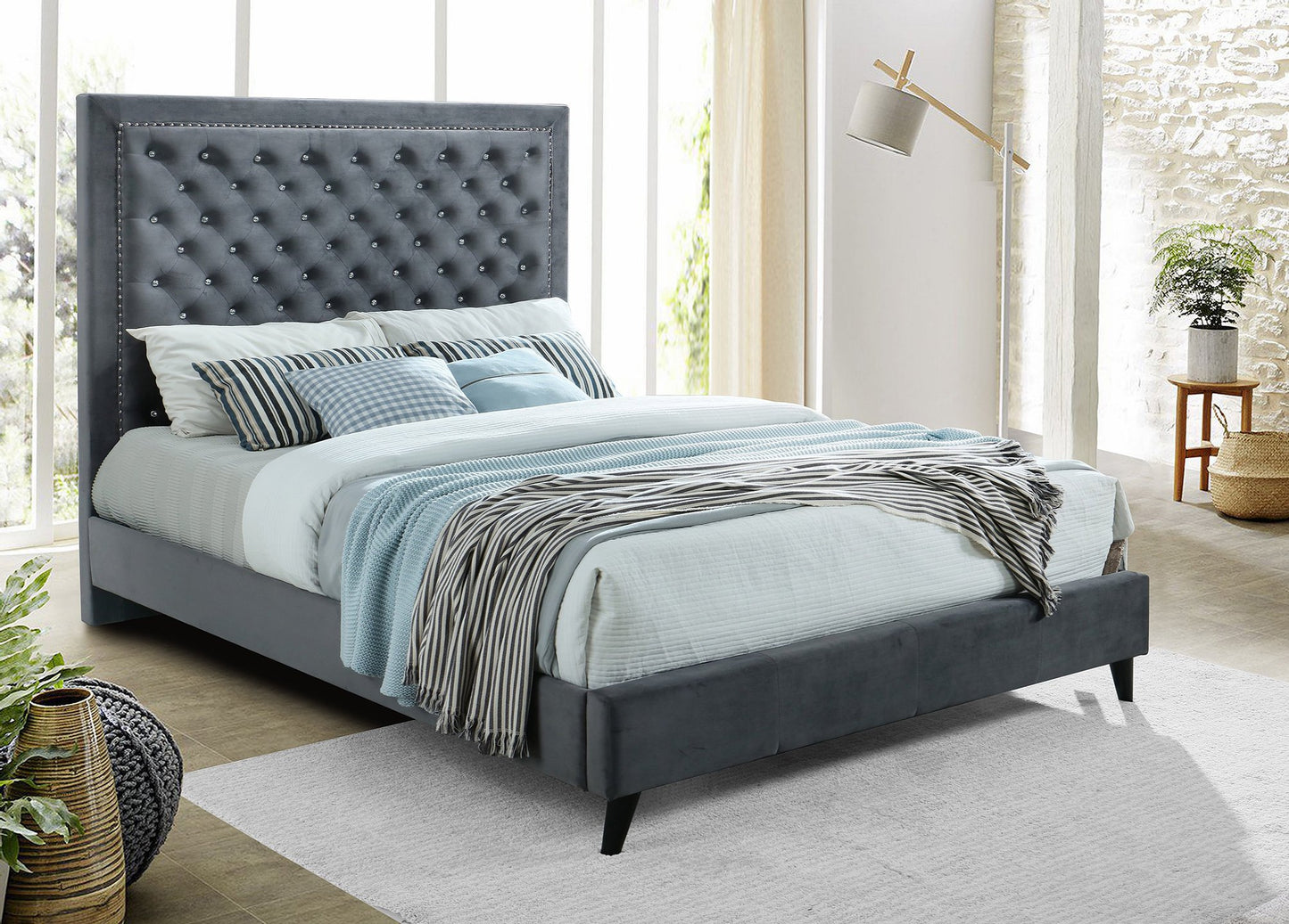 KING SIZE- (5680 GREY)- FABRIC- CRYSTAL TUFTED- BED FRAME- WITH SLATS
