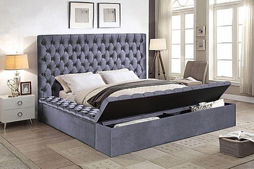 KING SIZE- (5790 GREY)- VELVET FABRIC- BED FRAME- WITH 3 STORAGE BENCHES