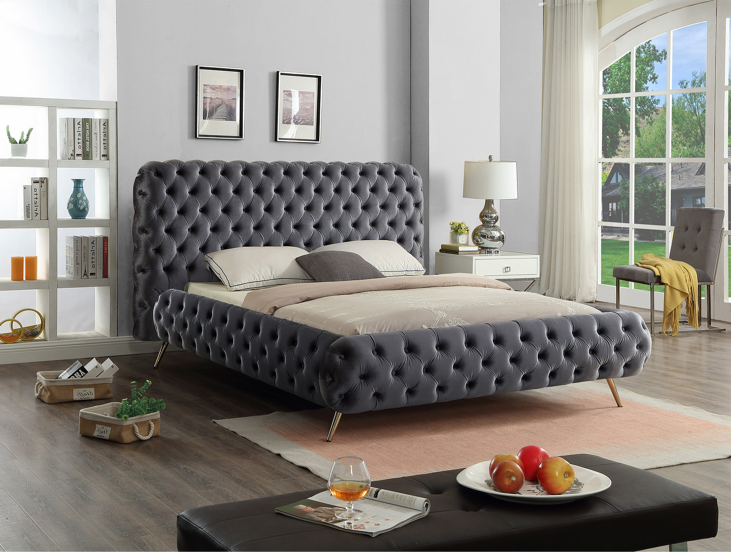 QUEEN SIZE- (5865 GREY)- VELVET FABRIC BED FRAME- WITH SLATS