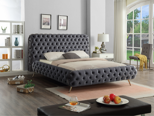KING SIZE- (5865 GREY)- VELVET FABRIC BED FRAME- WITH SLATS