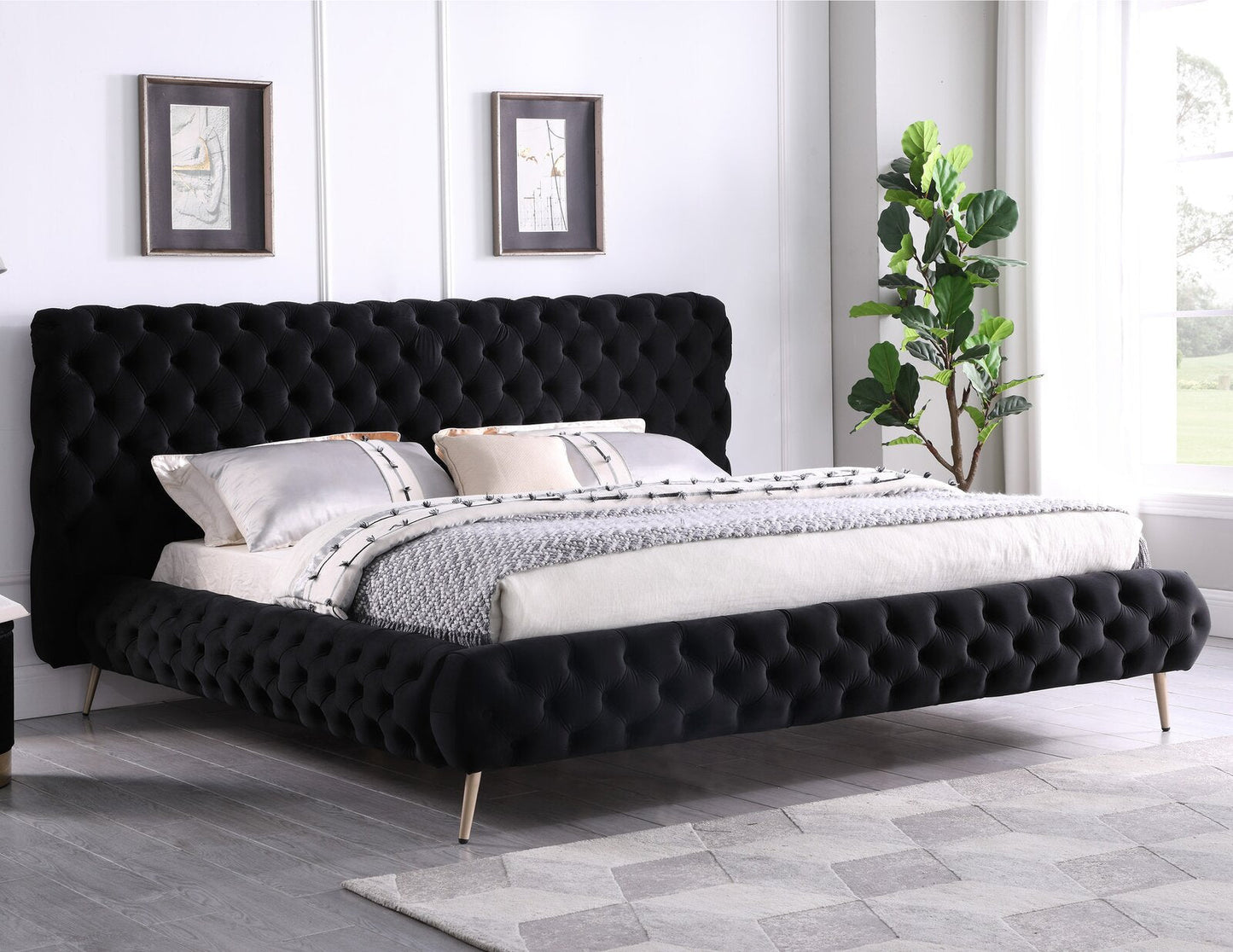 KING SIZE- (5866 black)- VELVET FABRIC BED FRAME- WITH SLATS