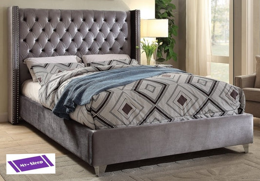 QUEEN SIZE- (5890 GREY)- BUTTON TUFTED- VELVET FABRIC BED FRAME- WITH SLATS