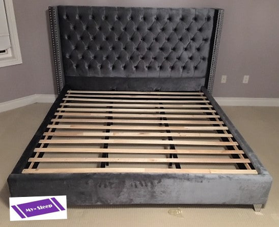 KING SIZE- (5890 GREY)- VELVET FABRIC- BUTTON TUFTED- BED FRAME- WITH SLATS