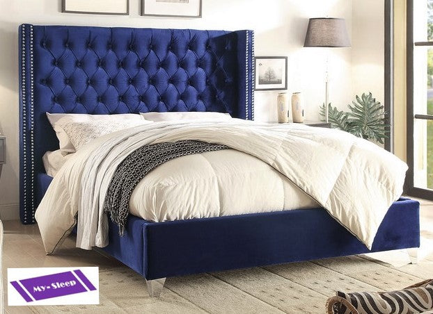 QUEEN SIZE- (5891 BLUE)- VELVET FABRIC- BUTTON TUFTED- BED FRAME- WITH SLATS