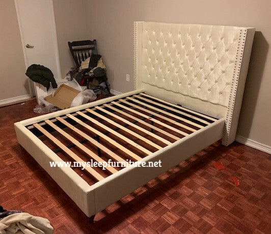 QUEEN SIZE- (5892 CREAM)- VELVET FABRIC- BED FRAME- WITH SLATS